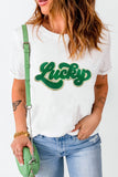 St. Patrick Lucky Chenille Glitter Patched Graphic T Shirt