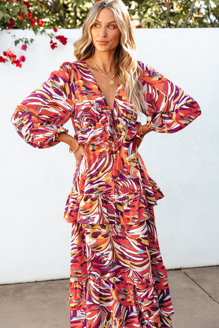 Abstract Print Ruffle Tiered Puff Sleeve Maxi Dress