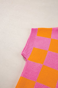 Colorblock Plaid Pattern Ribbed Trim Sweater Tank Top