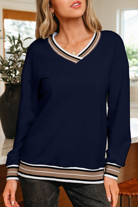 Varsity Striped V Neck Sweatshirt