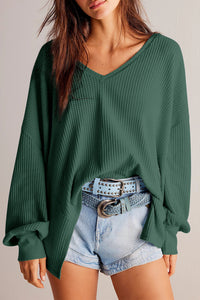 V Neck Long Sleeve Drop Shoulder Loose Blouse