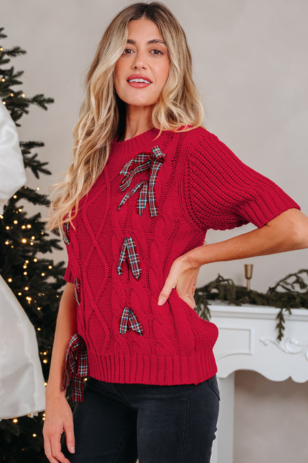 Plaid Lace Up Puff Sleeve Sweater