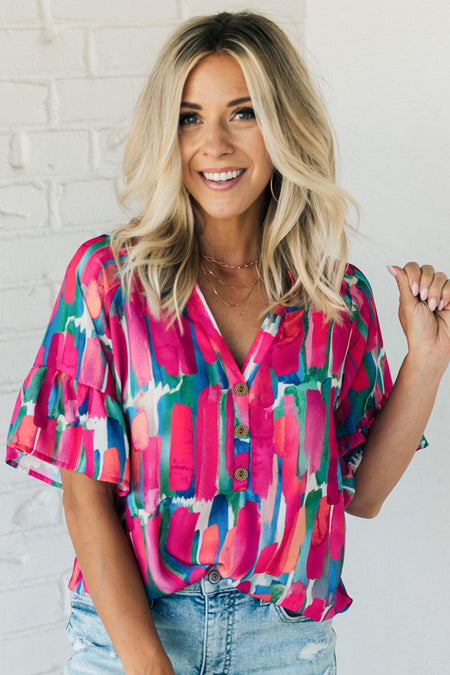 Abstract Brushwork Print Buttoned V Neck Blouse