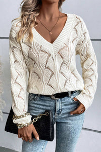 Hollow Out Knit V Neck Drop Shoulder Sweater