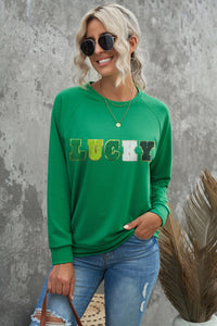 Green St Patricks LUCKY Chenille Embroidered Graphic Sweatshirt