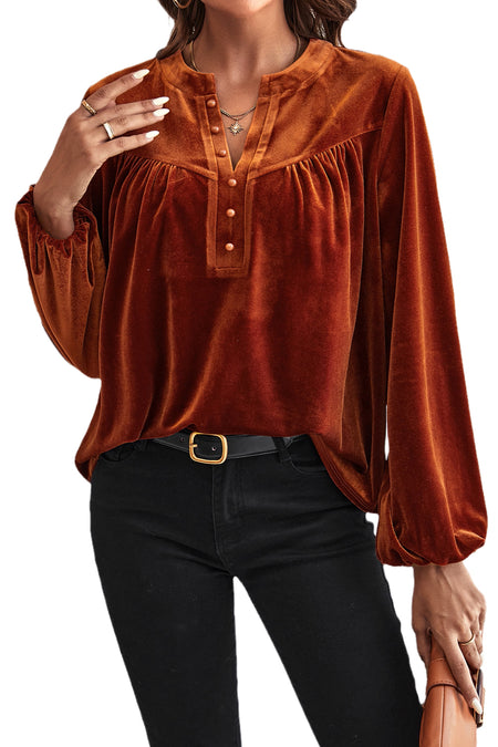 Lantern Sleeve Beaded Split V Neck Velvet Top