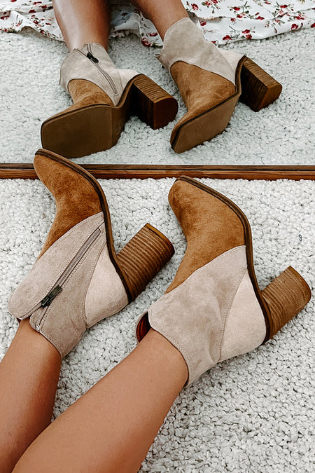 Two Tone Faux Suede Square Toe Chunky Heel Boots