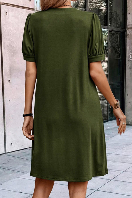 Notched Neck Pleated Puff Sleeve Shift T-shirt Dress