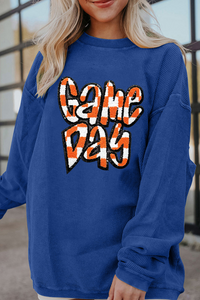 Chenille Checkered Game Day Graphic Drop Shoulder Corded Sweatshirt