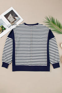 Stripe Color Block Exposed Seam Loose Fit Sweatshirt