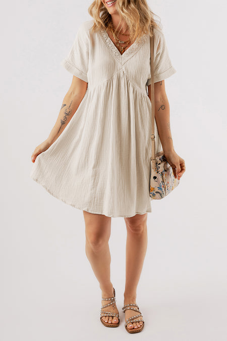 Folded Short Sleeve Lace V Neck Mini Dress