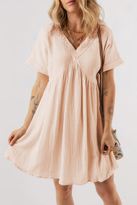 Folded Short Sleeve Lace V Neck Mini Dress