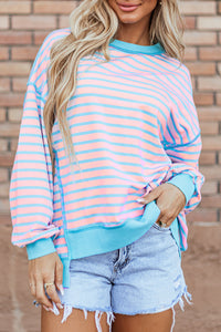 Stripe Contrast Trim High Low Pullover Tunic Sweatshirt