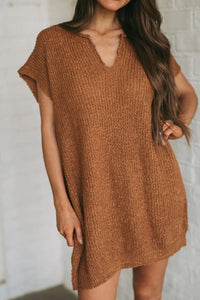 Solid Color Short Sleeve Notched V Neck Sweater Dress