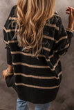 Stripe Buttoned V Neck Drop Shoulder Loose Cardigan