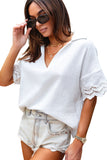 Crinkled Lace Splicing Sleeve Collared V Neck Blouse