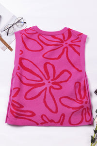 White Button Sides Sleeveless Floral Knitted Top