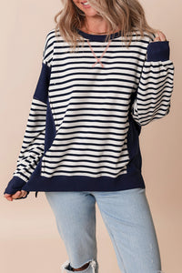 Stripe Color Block Exposed Seam Loose Fit Sweatshirt