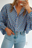 Abstract Print Shirred Cuff Buttoned Oversized Shirt