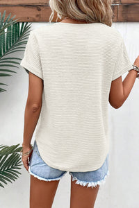 Textured Wide Sleeve V Neck T Shirt