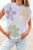 White Multi Crochet Flower Knit Short Sleeve Sweater Tops