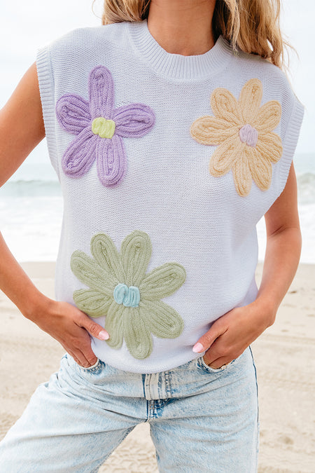 Multi Crochet Flower Knit Short Sleeve Sweater Tops