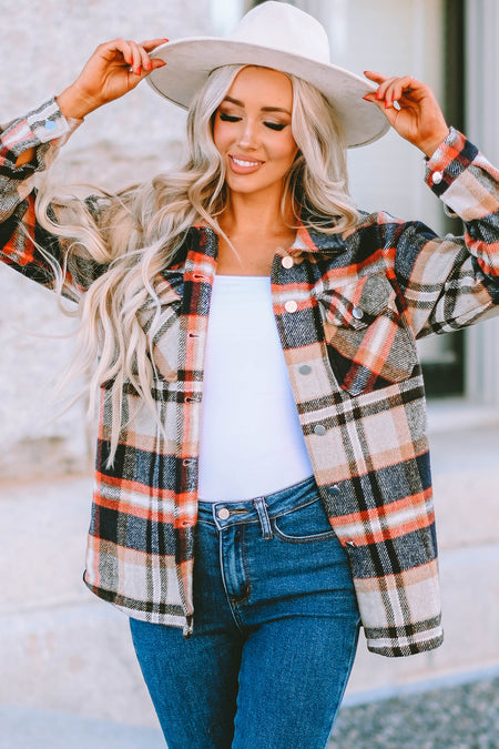 Geometric Plaid Print Pocketed Shacket