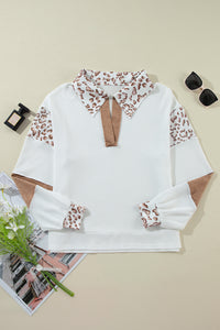 Leopard Patchwork Turn-down Collar Waffle Top