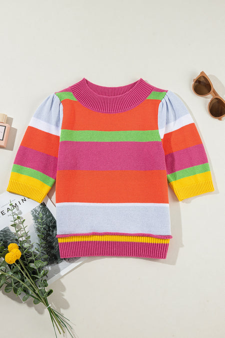 Color Block Cropped Short Sleeve Sweater