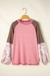 Mixed Print Patchwork Raglan Ribbed Knit Top