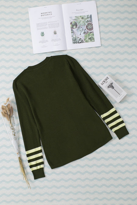 Striped Sleeve Plain Knit Sweater