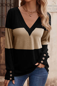 Stripe Colorblock Button Decor Long Sleeve V Neck Top