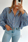 Abstract Print Shirred Cuff Buttoned Oversized Shirt