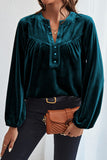 Lantern Sleeve Beaded Split V Neck Velvet Top