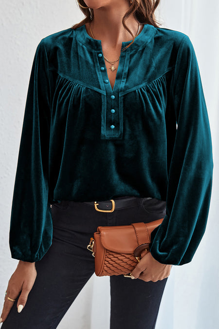 Lantern Sleeve Beaded Split V Neck Velvet Top