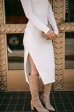 Long Sleeve Notch Neck Fitted Dress with Slits