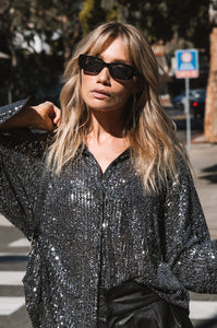 Shiny Black In The Night Sequin Button Down