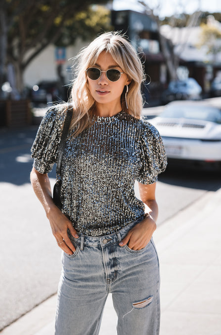 Black Sequin Perry Puff Sleeve Top
