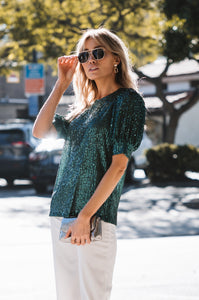 Emerald Sequin Perry Puff Sleeve Top